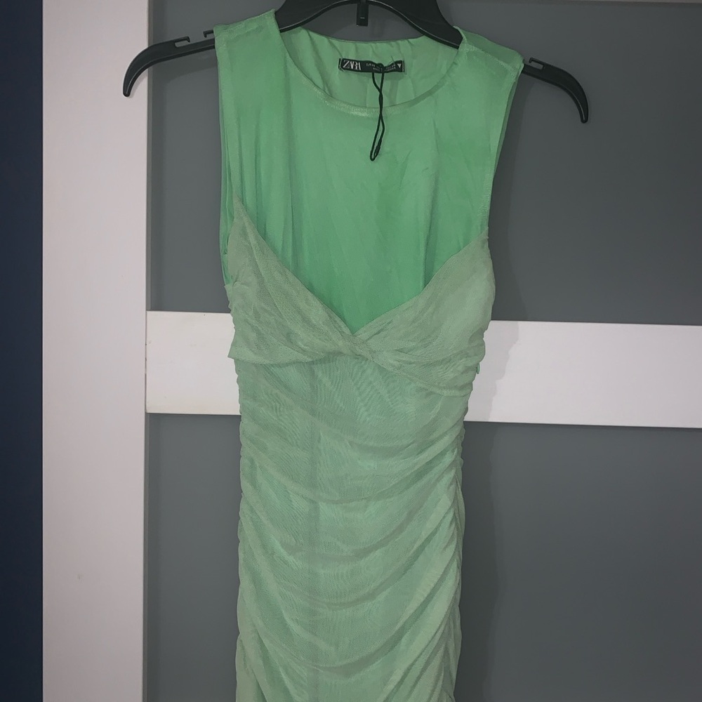Zara Mint Green Ruched Midi Dress